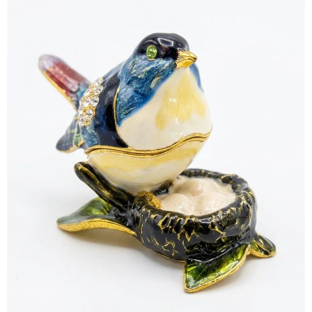 Bejeweled Bird Trinket Box, Enamel & Rhinestone Trinket Box, Blue Bird